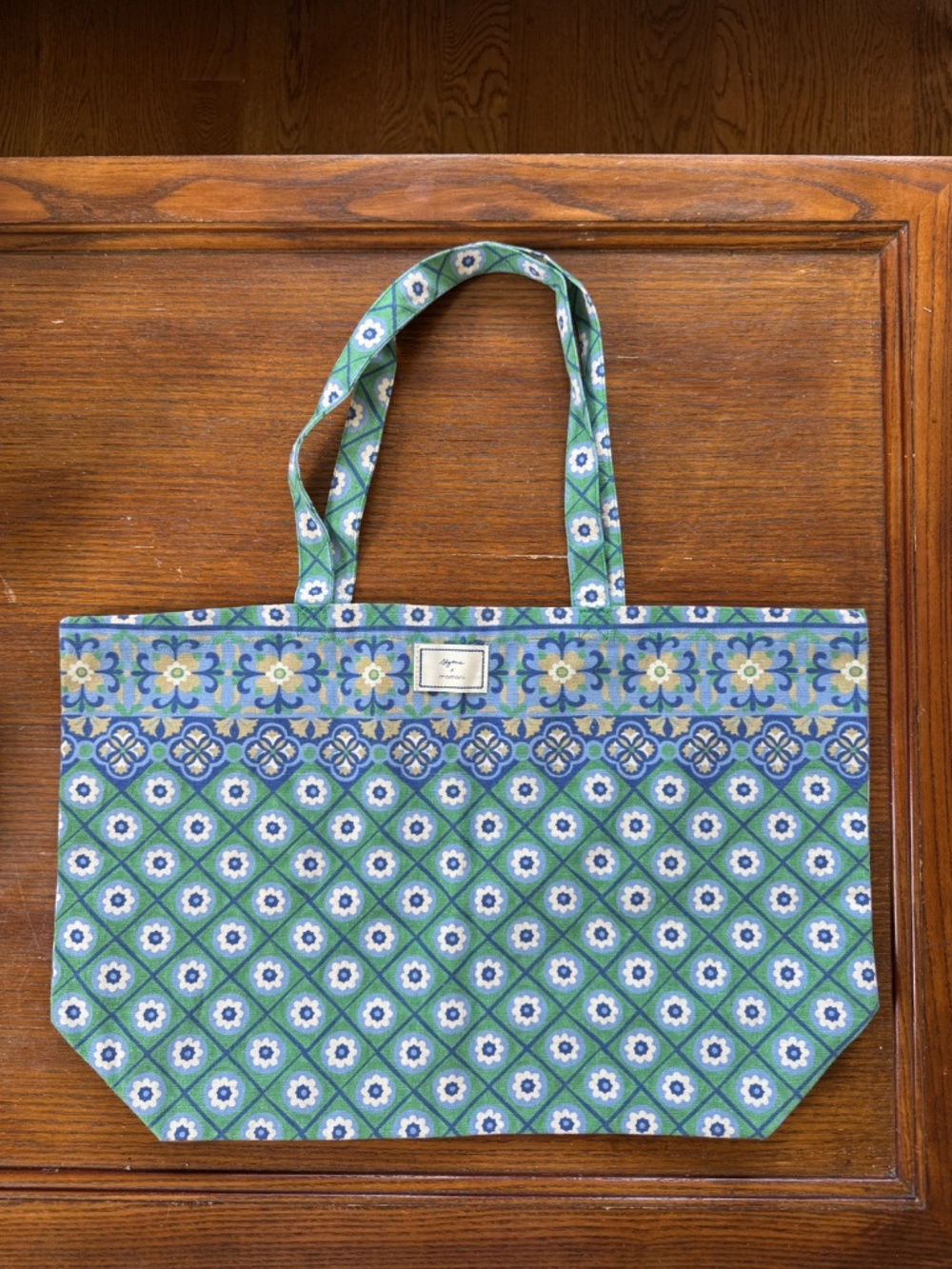 new limited edition Sézane x Momoni green floral tile print cotton canvas tote